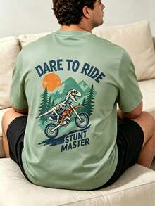 Men Plus Size Vintage Print T-Shirt, Mountain Adventure Dinosaur Motorcycle Graphic T-Shirt, Round Neck Loose Short Sleeve Tee, Polyester Knit Fabric - Green - View 1