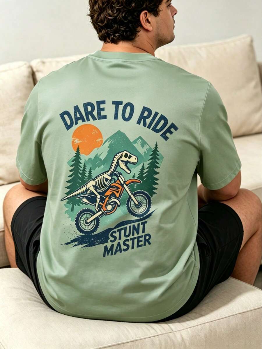 Men Plus Size Vintage Print T-Shirt, Mountain Adventure Dinosaur Motorcycle Graphic T-Shirt, Round Neck Loose Short Sleeve Tee, Polyester Knit Fabric - Green - View 1