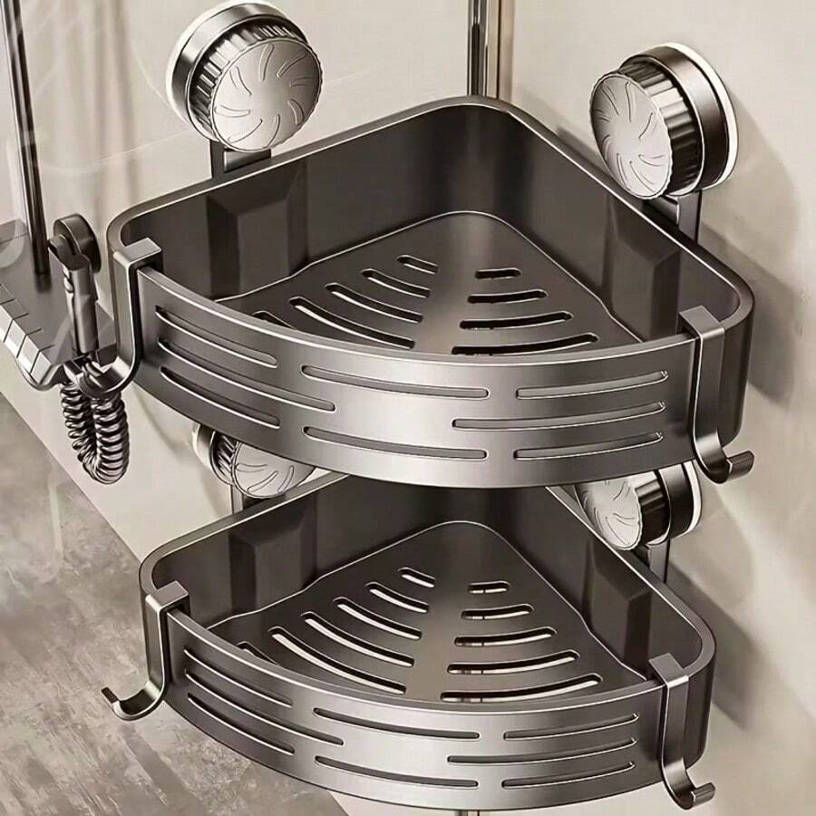 Estantería de baño ahorradora de espacio - Sin necesidad de perforar, estante triangular resistente con ganchos, uso en las 4 estaciones, organizador de almacenamiento multifuncional para baño y cocina, estantería autoadhesiva montada en la pared, caddy de ducha a prueba de óxido, la mejor opción para almacenar accesorios