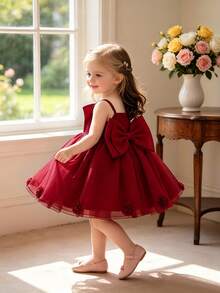 Baby Girls Spaghetti Strap Bow Organza Cute Flower Girl Princess Dress, Suitable For 1st Birthday Party, Headband Not Included - 酒紅色 - 查看 2