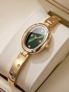 Women's Elegant Star Rhinestone Open Cuff Bracelet Quartz Watch With Oval Rhinestone Dial, Gift For Girlfriend (1pc/Set) Watch Box Not Included - Gold - View 5