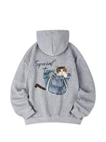 Women's New Autumn/Winter Minimalist Pullover Sweatshirt, Decorated With Cute Cat Pattern Print In Pockets, Casual Fashion Versatile Fall - Grey - View 7