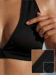 1pc Fashion Design Halter Deep V Hollow Backless Bra, Seamless Wire-Free Removable Cups Comfortable Breathable Casual Sports Bra - Black - View 3