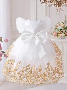 Baby Girls Embroidered Wedding Flower Girl Princess Dress With Train, Suitable For Party And Vacation, Fabric Pattern Randomly Cut, Headband Not Included - White - View 2