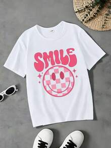 Camiseta de manga corta con estampado de cara sonriente linda para niños, estilo casual, adecuada para niñas, cómoda y transpirable, una pieza personalizada - Blanco - Ver 1
