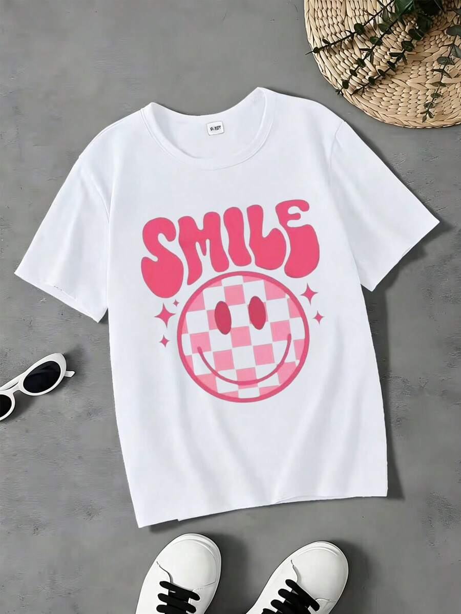 Camiseta de manga corta con estampado de cara sonriente linda para niños, estilo casual, adecuada para niñas, cómoda y transpirable, una pieza personalizada - Blanco - Ver 1
