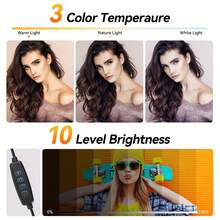 可調光 LED 環形燈附夾子，3 種色溫模式（暖光/冷光/自然光），USB 供電，適用於筆記型電腦、螢幕、視訊會議、自拍、Vlog、化妝、直播及其他室內照明，塑膠燈罩 - 黑色 - 查看 3