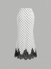 Damen Sommer weiß Midi-Rock, lässig eleganter Polka Punkt Spitze Patchwork Klassischer Stil Langer Rock, geeignet für Strand, Club und Straßenmode - Weiss - Übersicht 10