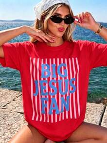 Big Jesus Fan Graphic Top-Loose-Fit Easy Relaxed Style, - Red - View 1