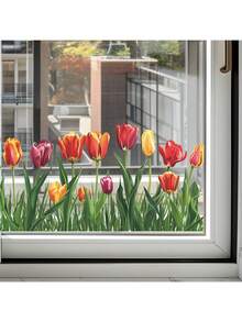 1pc Realistic Colorful Tulip Window Sticker - Spring Floral Greenery Glass Home Decor Static Cling Sticker - Removable Spring Garden Home Glass Sticker, No Glue Needed, No Residue, Spring Floral Theme Home Window Decoration Sticker - Colorful Tulips - View 2