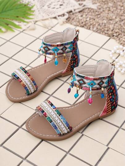 Vintage Bohemian Outdoor Sandals For Girls, Geometric Print Wide Woven Strap With Bead & Tassel Decor, Student Campus Commute Vacation Casual Shoes