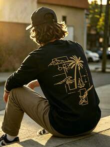 New Men's Casual Relaxed Everyday Versatile Palm Tree Creative Round Neck Long Sleeve T-Shirt - Black - View 7