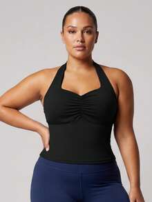 Sodalemon Women's Plus Size Summer Yoga Fitness Tank Top, Ruched Bust Spaghetti Strap Sports Casual Vest With Removable Liner - Black - View 4