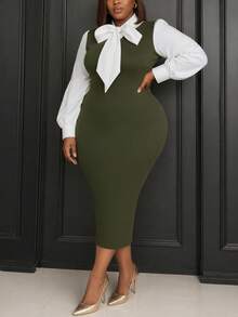 Vestido de manga farol de color block de longitud media para mujer, ajuste generoso para diversos tipos de Body, diseño de cuello con caída de color block extra larga, silueta ajustado que cintura la cintura resaltando las curvas, estilo minimalista y elegante adecuado para uso diario, ropa de trabajo y ocasiones - Multicolor - Ver 7