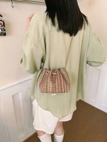 Mini New Fashion Straw Woven Gold Chain Drawstring Bucket Bag Beach Bag - Red - View 9