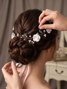 1pc Fresh White Clay Rose Pearl Rhinestone Ribbon Hair Accessory, Minimalist Silver Wire Wrapped, Versatile For Wedding, Banquet, Dress - Multicolor - View 5