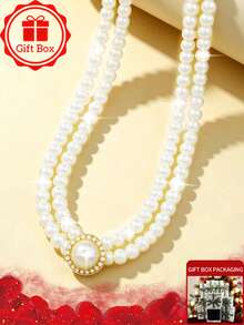1pc Elegant Double Layer Faux Pearl Necklace With Gift Box, Vintage Rhinestone Pearl Pendant Necklace, Showcasing Feminine Charm And Exuding Classical Elegance, Ideal Gift For Weddings, Proms, Birthday Parties - White - View 7