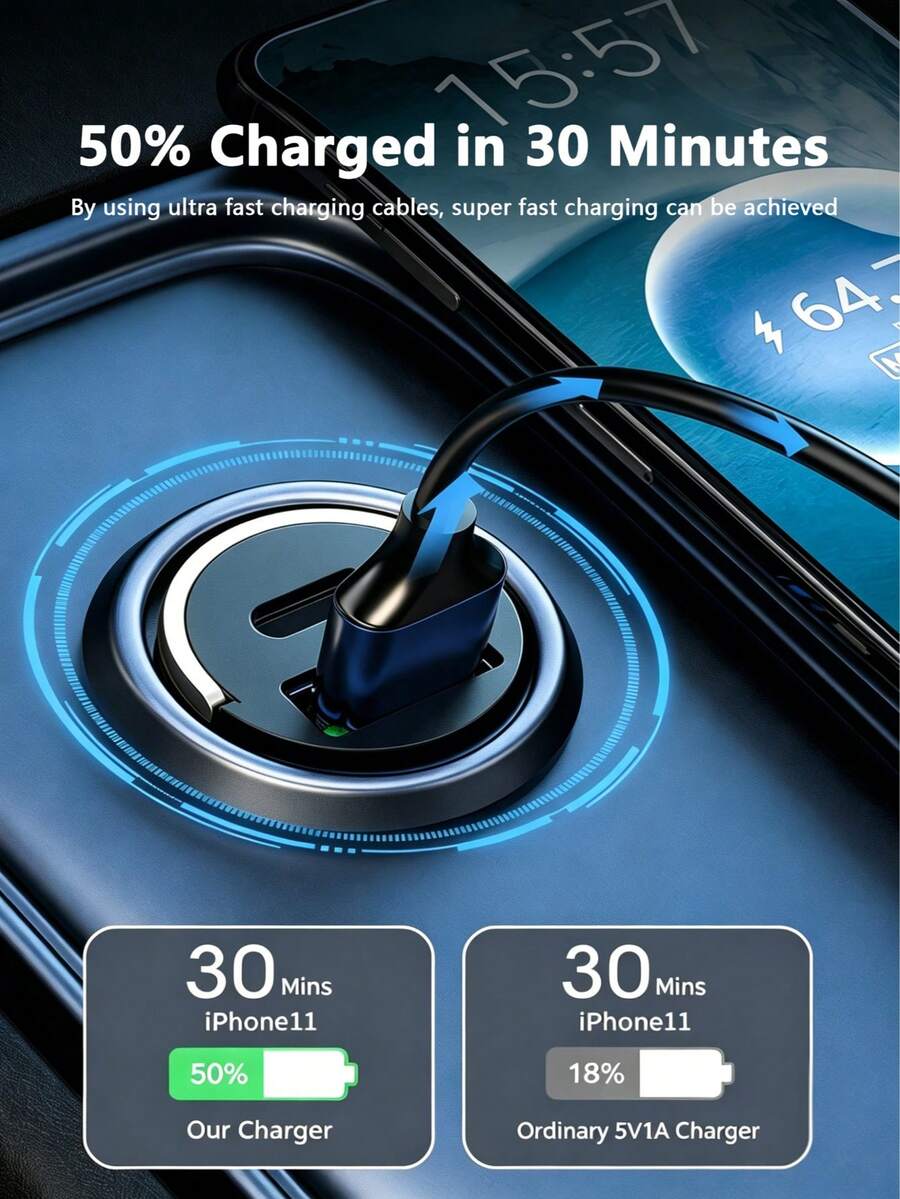 1pc 2-In-1 Hidden Car Phone Charger 12A Super Fast Charging Cigarette Lighter Adapter, Compatible With Phone/Tablet/Laptop/Camera/Dash Cam And More Devices, Car Charging Accessory - 1PCS[均碼] - 查看 1