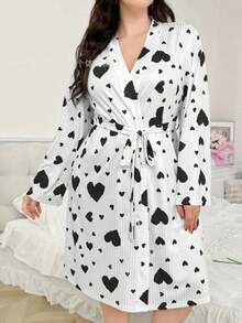 Women's Plus Size Long Sleeve Pink Heart Pattern Bathrobe With Belt, Ribbed Texture Loose Fit Morning Robe, Mid-Length Suitable For Summer, Spring And Autumn, For Bathroom, Gym, Hotel, Beach Vacation, Daily Essentials, Home And Travel, Holiday Gift - Multicolor - View 11
