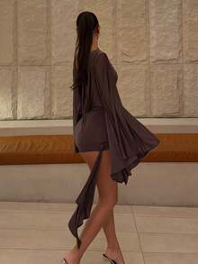 Women's Solid Color Pleated Batwing Sleeve Long Sleeve Side Tie Pleated Romper, Formal Cocktail Mini Dress - Brown - View 6