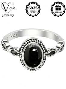 1pc S925 Sterling Silver Inlaid Synthetic Black Zirconia Vintage Oval Ring, Women's Daily & Party Wear, Gift Box Included - Silver - View 2
