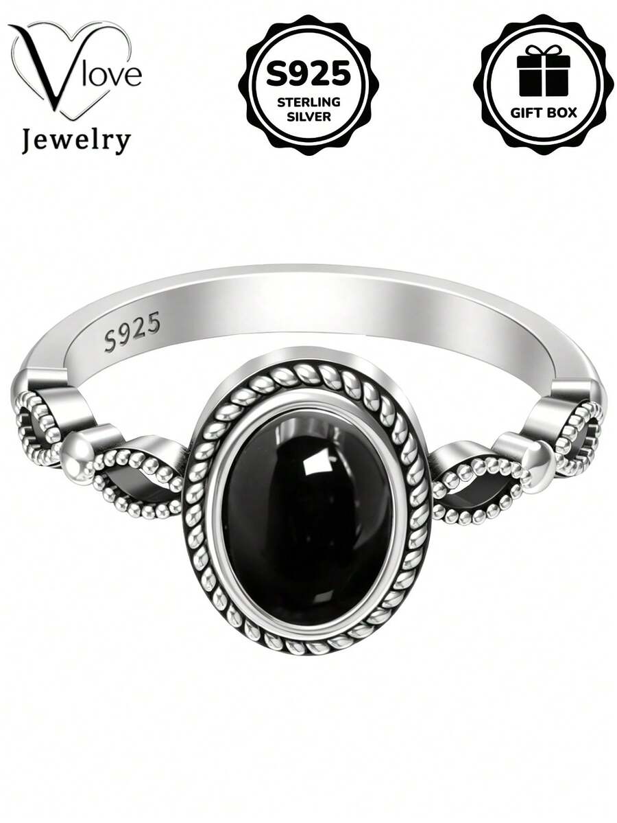 1pc S925 Sterling Silver Inlaid Synthetic Black Zirconia Vintage Oval Ring, Women's Daily & Party Wear, Gift Box Included