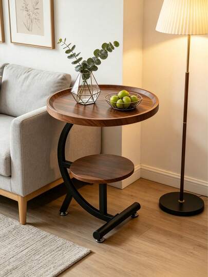 Double-Layer Wood-Grain Round Side Table With A Practical 40cm Tabletop, Stable Bent Iron Support, Layered Storage, Two Height Options Available, A Simple Storage Side Table For Beside Sofas