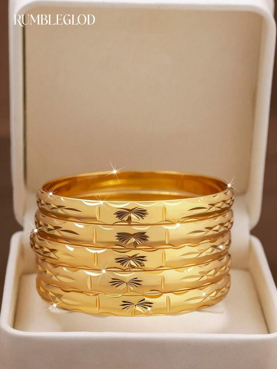1/3/6 piezas Pulseras chapadas en oro de 24k con diseño tallado a mano de árbol de palma y sol, aptas para vacaciones de playa de verano, uso diario y regalos, sin caja - Amarillo Oro - Ver 1