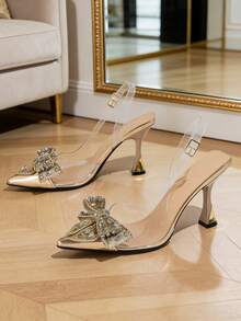 Women's Clear PVC Pointed Toe High Heels Adorned With A Rhinestone Bow, Champagne Color, Suitable For Dances, Weddings, Parties, Spring Occasions - 金色 - 查看 6
