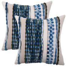 Miater 1pc/2pcs Wabi-Sabi Style 3D Patchwork Plush Throw Pillow, Bohemian Textured Striped Woven Cushion, Creamy Style Living Room Sofa Removable Washable Square Pillowcase - Blue - View 2