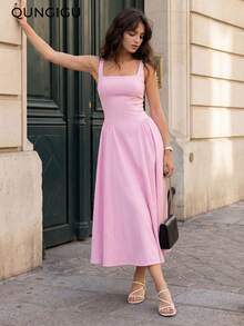 QUNGIGU Women's Thick Strap Sleeveless Maxi Dress, Flared Hem, Elegant Summer Dress, Suitable For Wedding Guests, Graduation Party - Pink - View 2