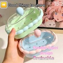 1pc Cute Cartoon Double Layer Soap Box With Lid And Drain Tray, Wavy Edge Portable Dust-Proof Soap Holder, Lightweight Space-Saving Design, Suitable For Bathroom, Dormitory Students And Female College Students Daily Use - Soap Box - View 1