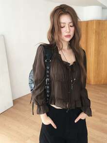 Blus Wanita Warna Polos Berlipit, Modis, Serbaguna, Kasual Sehari-hari, Musim Panas - Cokelat - View 1