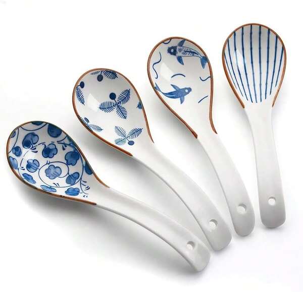 Asiatischer Löffel, 16 cm langer Keramik-Suppenlöffel im chinesischen Stil, Ramen-Löffel mit Retro-Muster, geeignet für Teigtaschen, Reisnudeln, Wan-Tan, Misosuppe (weiß, 4-teiliges Set)