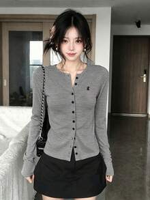 Women's Striped Casual Versatile Daily Outing Long Sleeve Cardigan Fall - Grey - View 2