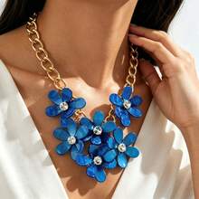 1pcCluster Flower Statement Necklace, Retro Casual  Look, Daily Holiday Styling, Rhinestone Floral Collar Ornament - 深藍毛衣鏈 - 查看 2