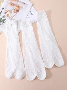 3 Pairs Girls Bowknot Decorated Knee-High Socks, Suitable For Primary And Middle School Students School Uniform Matching - White - View 10
