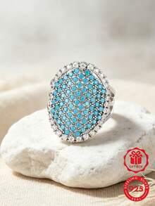 1pc 925 Sterling Silver Ring, Inlaid With Ocean Blue Synthetic Zirconia, Perfect For Daily Wear And Anniversary Gift, Comes With Gift Box. - Silver - View 3