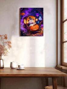 Pintura al óleo por números DIY de gato bruja lindo, calabaza y carruaje de Halloween en lienzo, manualidades para adultos, decoración del hogar, regalo festivo - Conjuntos - Ver 2