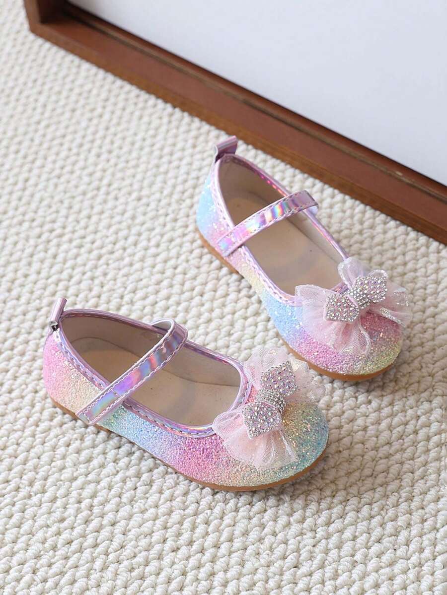 1 Pair Gradient Rainbow Glitter Girls Princess Shoes, Mesh Rhinestone Single Strap Soft Sole Baby Walking Shoes - Colorful - View 1