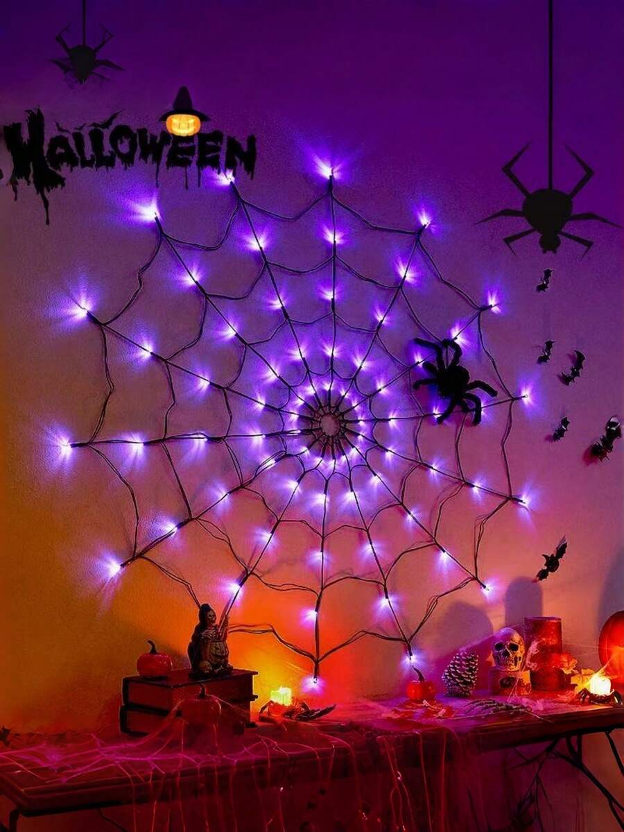 1pc Halloween Two-Color LED Spider Web String Lights With Black Fake Spider, Waterproof Spooky Decor For Indoor Bedroom Window Outdoor Yard Garden Party, Holiday Atmosphere Gift