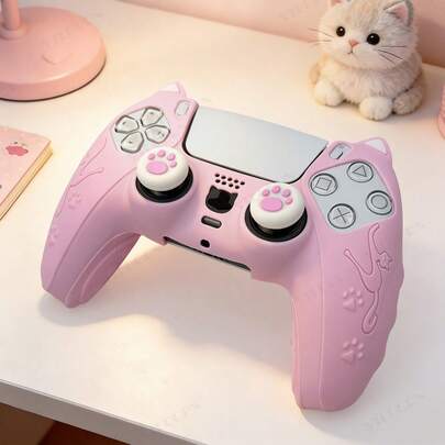 1pc Cute Cat Paw Game Controller Protective Case, 1pc Controller Protective Shell + 2pcs Customized Thumb Grip Caps