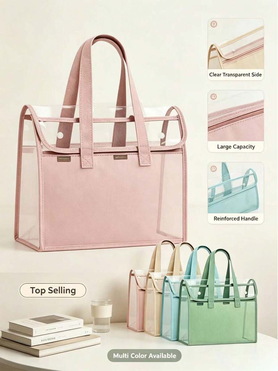 Transparent Dual-Handle PVC File Bag, Large Capacity Waterproof Storage Tote, Macaron Color Portable Document Handbag, Student Homework & Textbook Organizer, Office Paper & Stationery Storage Bag, Tutoring Supplies,Back To School - W - View 1