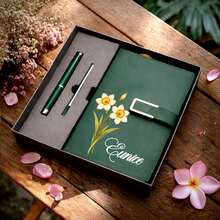 Christmas Season Gift, Customized Floral Button Notebook Set, Faux Leather Diary, Embossed Floral Pattern, Gold Button, Customizable Name, Includes Pen And Gift Box, Bullet Journal Stationery Gift, Graduation Gift - Multicolor - View 2