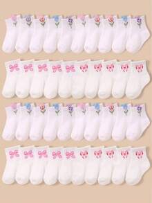 20/10/5/1 Pair Baby Bowknot Print Short Socks, 3D Tulip And Heart Design, Soft Comfortable Breathable Toddler Ribbed Socks, Fashionable Elastic Baby Girl Socks, White Mid-Calf Socks, Suitable For All Seasons, Perfect For Daily Wear And Gifting. 0-36 Months Newborn Toddler Socks, - Multicolor - View 2
