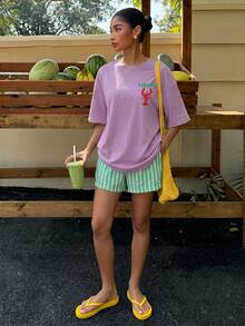 Imprimé Homard Rouge avec Rayures Citron, ample, streetwear de plage, streetwear, t-shirts en coton surdimensionnés pour femmes - Prune - Voir 2