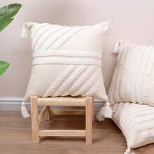 1pc White Striped Throw Pillow Cover, Minimalist Circle Plush Embroidery Cushion Case, Versatile Decor For Living Room Sofa Bedroom, Removable And Washable, Pillow Insert Not Included - White Stripe 1 - View 5