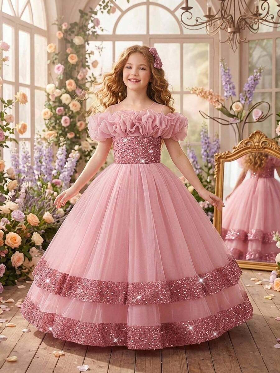 Tween Girls Sleeveless Pleated Organza Sequin Mesh Long Birthday Flower Girl Dress, Suitable For Graduation Prom, Headband Not Included - Dusty Pink - View 1
