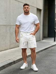 Men's Non-Stretch White Paint Splatter Knee-Length Denim Shorts, Regular Fit Curved Contrast Stitching Casual Shorts, Suitable For Summer Street And Outdoor Wear - White - View 6