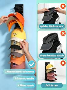 2-Piece Two-Tone Baseball Cap Holder Set, Portable Plastic Display Rack, Space-Saving, Wall-Mounted Cap Holder, Strong Adhesive, Adjustable For Doors And Cabinets, Holds Up To 9 Hats, Multi-Layer Cap Display Rack, Bedroom Closet And Cap Rack - Black - View 6